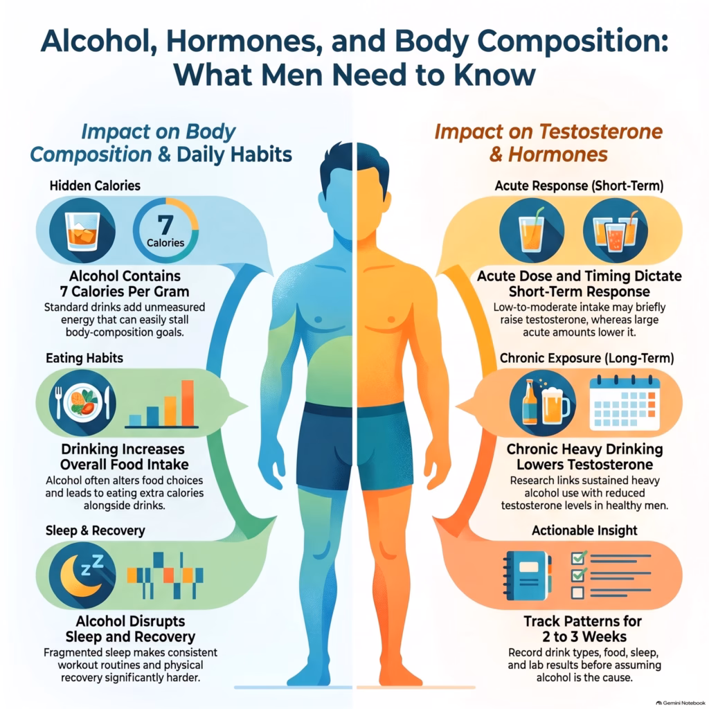Infographic showing 5 Effects on Men’s Hormones and Body Composition, including alcohol’s relationship to calories, eating habits, testosterone, overall lifestyle patterns, and sleep.