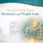 Luxury clinical illustration of gut health showing the digestive system with biomolecular patterns in teal and gold, representing how gut health impacts hormones and weight gain in Eternal Vitality a concierge functional medicine clinic in Orlando.