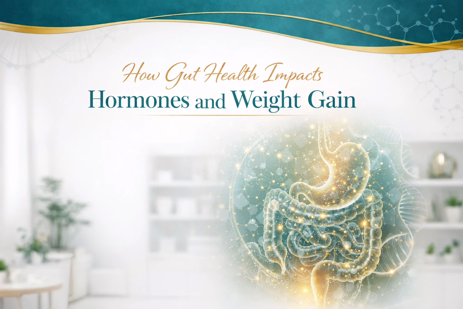 Luxury clinical illustration of gut health showing the digestive system with biomolecular patterns in teal and gold, representing how gut health impacts hormones and weight gain in Eternal Vitality a concierge functional medicine clinic in Orlando.