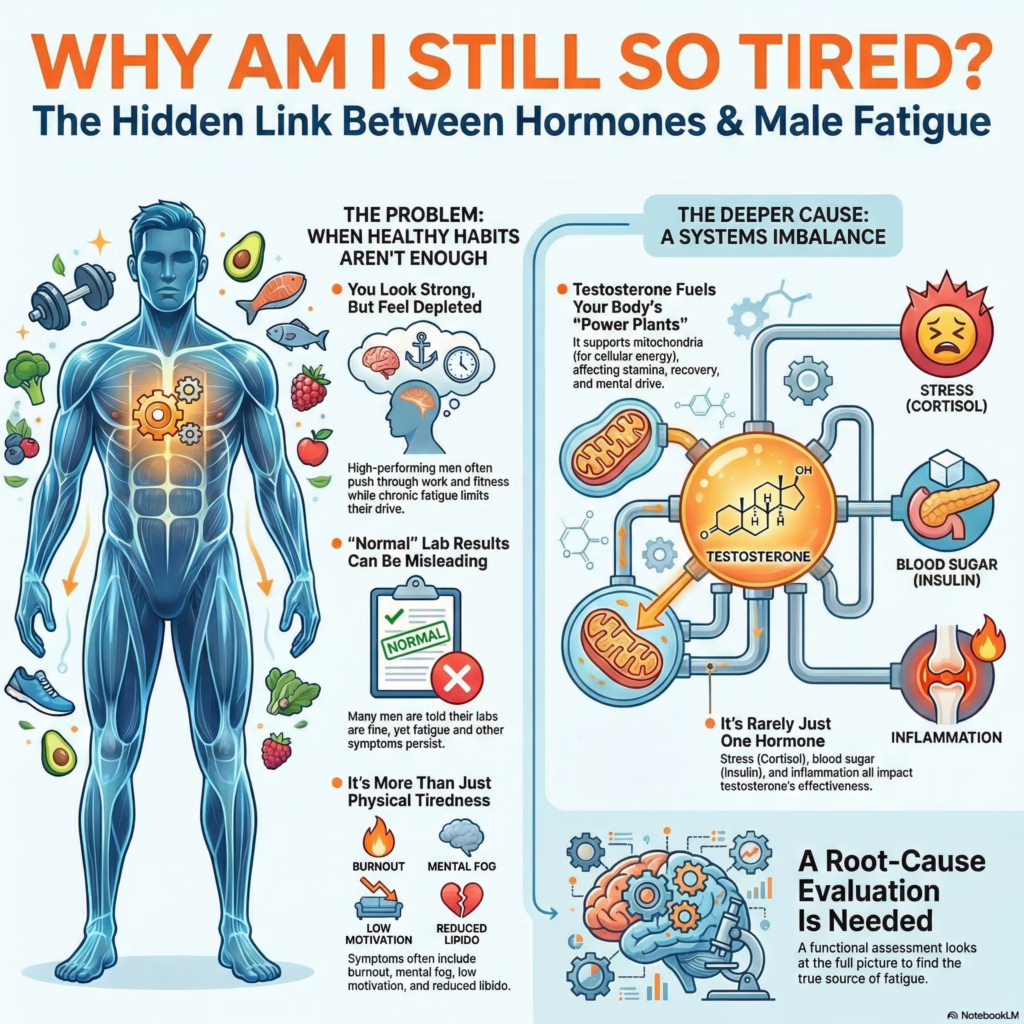 Educational infographic for the blog The hidden link between low testosterone and fatigue in men explaining the link between low testosterone, hormones, and chronic fatigue in men, shown in Eternal Vitality men’s health and hormone clinic setting.
