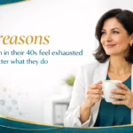 Confident professional woman in her 40s drinking coffee in a modern office setting, representing hormone-related fatigue and exhaustion in midlife women in Orlando, Florida.