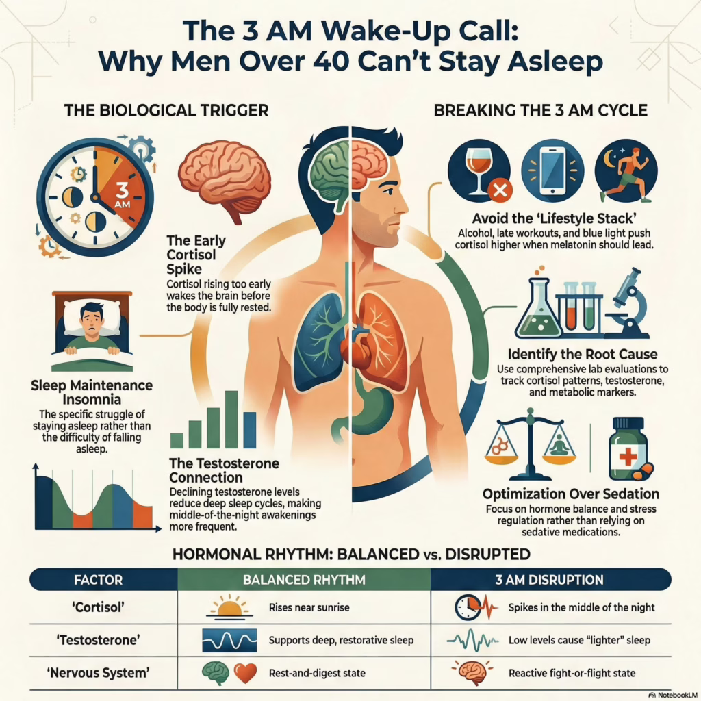 Infographic explaining why do men wake up at 3am, highlighting cortisol spikes, testosterone decline, and hormonal sleep disruption in men over 40 – Eternal Vitality Orlando Florida hormone optimization clinic.