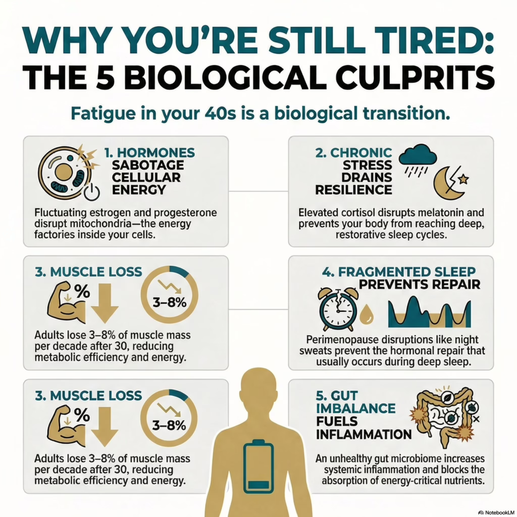 Infographic explaining 5 reasons women in their 40s feel exhausted no matter what they do, highlighting hormones, chronic stress, muscle loss, fragmented sleep, and gut imbalance in midlife women in Orlando, Florida.