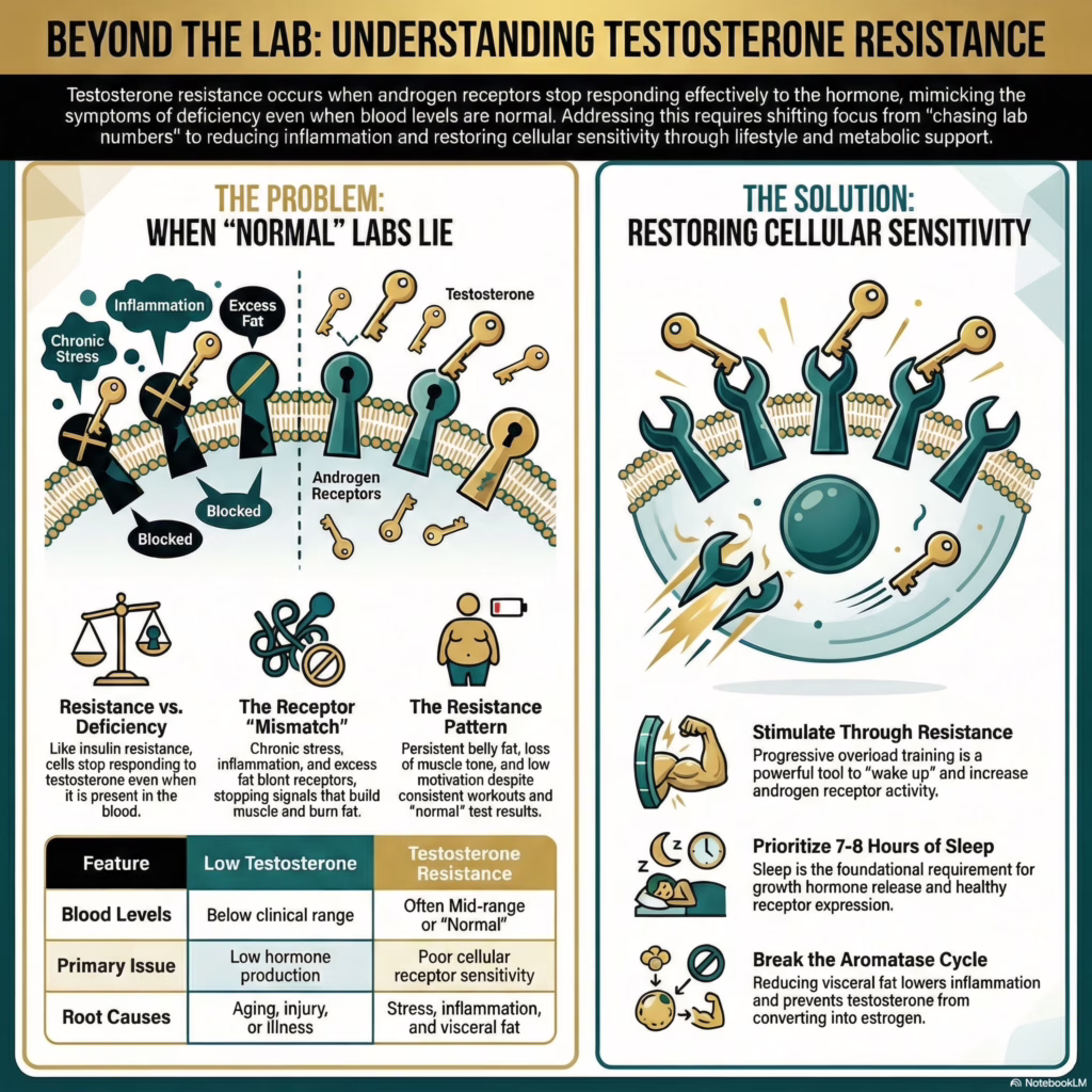 Infographic explaining how testosterone resistance leads to muscle loss and fat gain in men, showing androgen receptor dysfunction, inflammation, excess visceral fat, and strategies to restore cellular sensitivity in an Orlando functional medicine clinic setting.