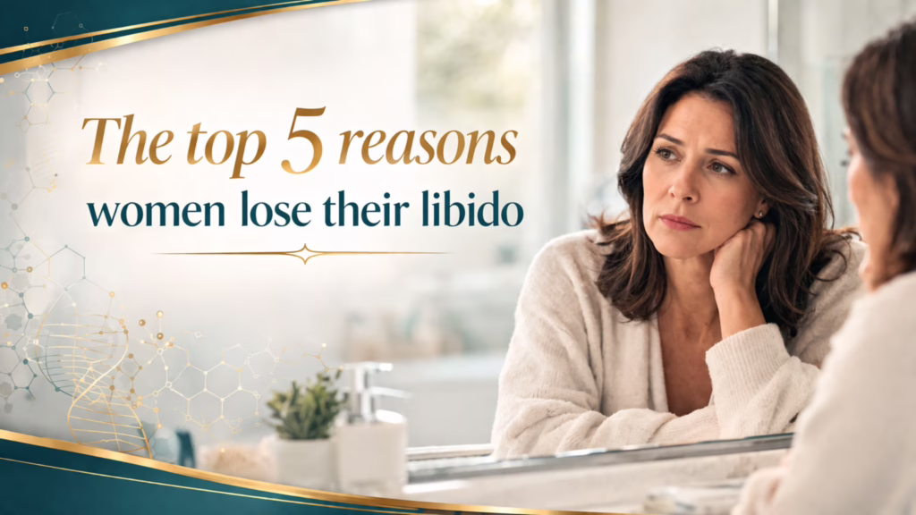 Midlife woman looking thoughtfully in the mirror for a blog on the top 5 reasons women lose their libido