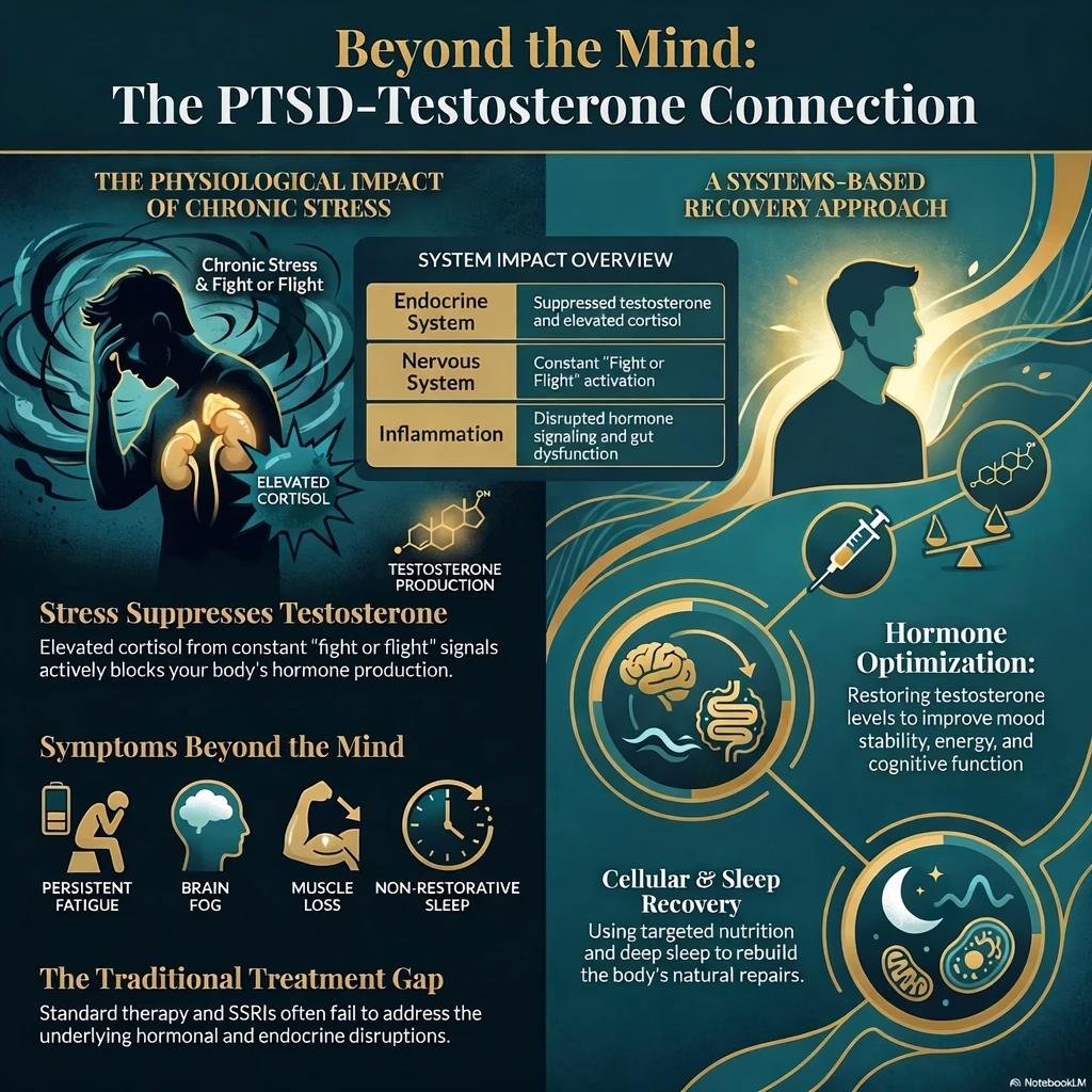 Infographic for a blog article "Can PTSD Cause Low Testosterone" showing the connection between PTSD and low testosterone, highlighting how chronic stress elevates cortisol, disrupts hormones, and leads to fatigue, brain fog, muscle loss, and poor sleep, with a systems-based recovery approach including hormone optimization and cellular repair at a functional medicine clinic in Orlando, Florida.