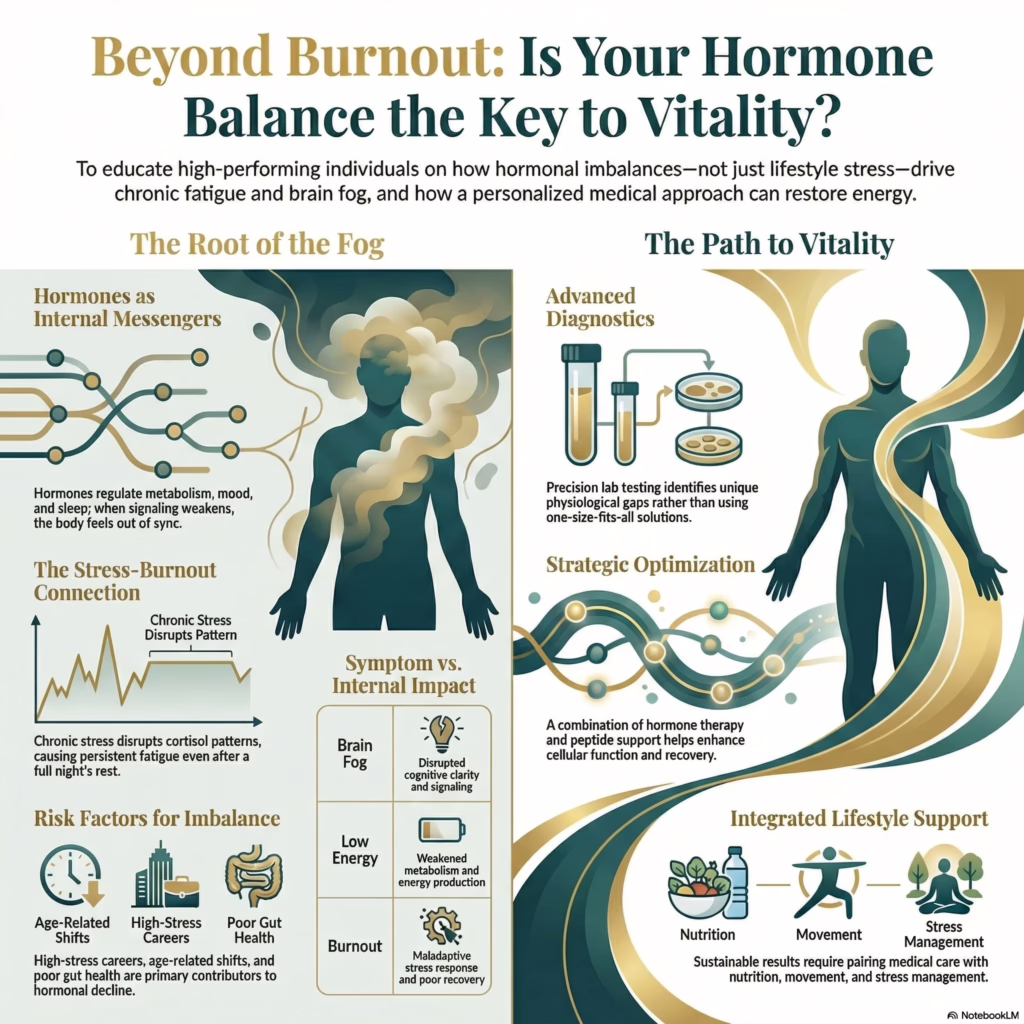 Hormone imbalance infographic showing causes of fatigue, brain fog, and burnout with stress, gut health, and metabolic factors, and solutions through hormone therapy and functional medicine