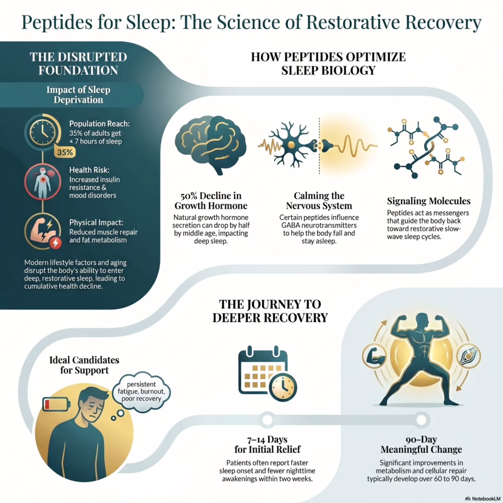 Peptides for sleep infographic explaining deep sleep, recovery, and hormone optimization at Eternal Vitality in Orlando, Florida
