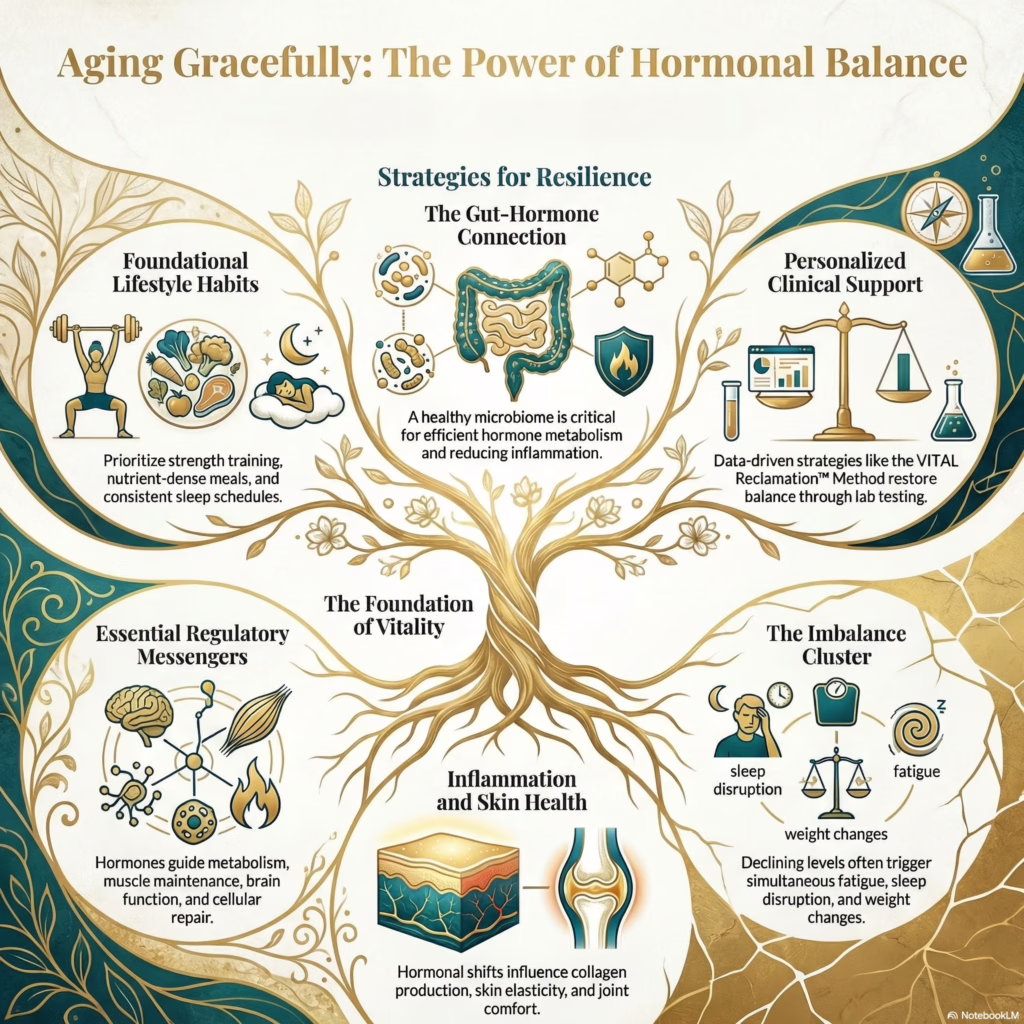 The role of hormones in aging gracefully visual guide highlighting fatigue, weight changes, and gut health solutions in Orlando Florida at Eternal Vitality