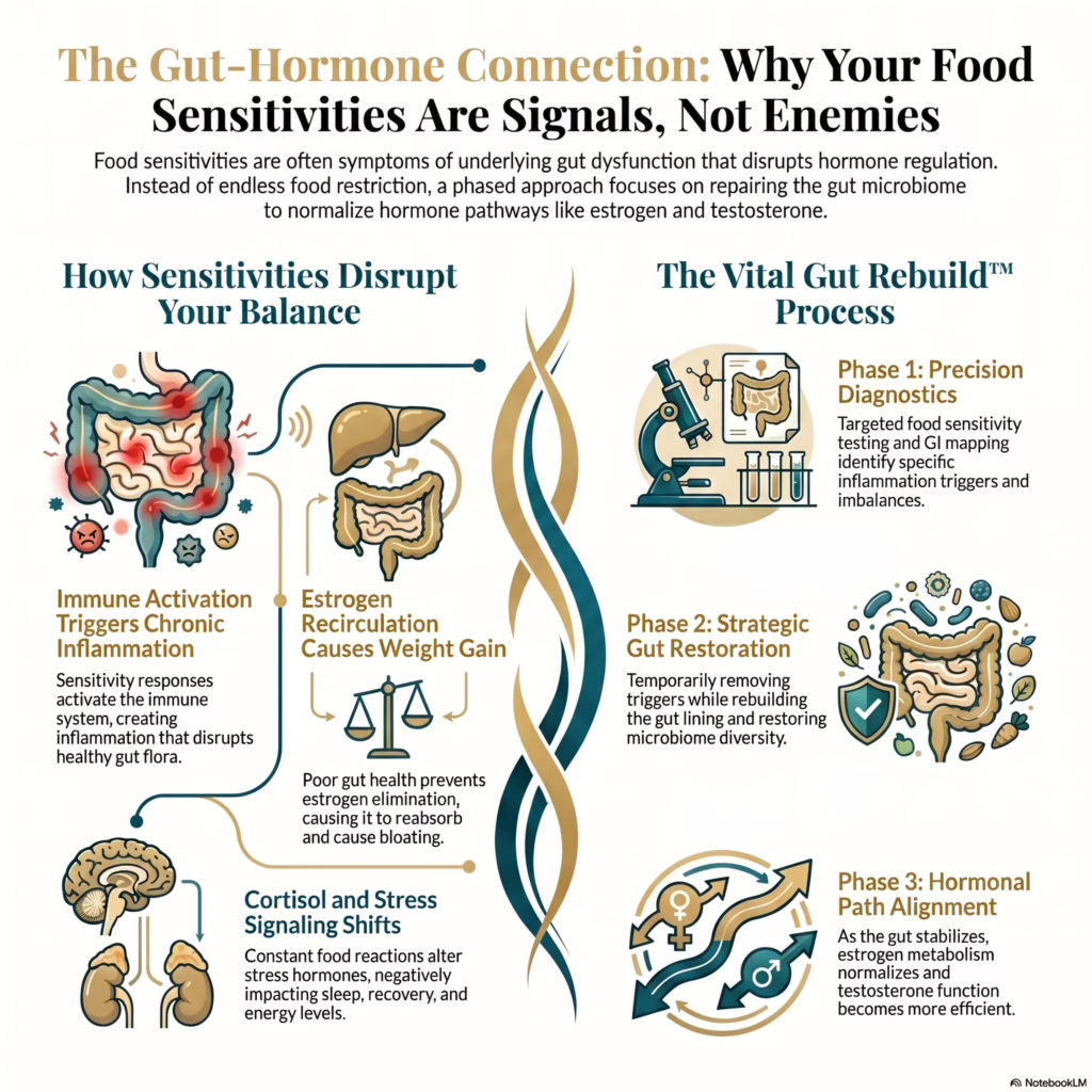 How to know if your fatigue is hormonal, adrenal, or gut-related – infographic showing hormone imbalance, adrenal stress response, and gut health dysfunction in a functional medicine clinic in Orlando, Florida