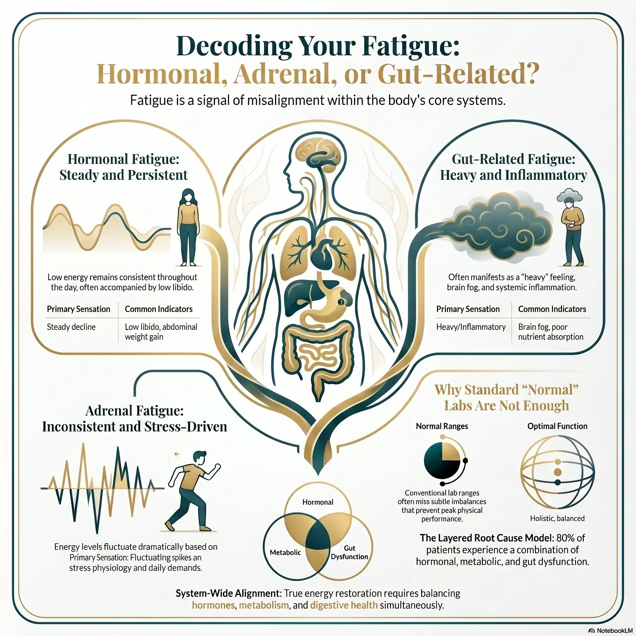 How to know if your fatigue is hormonal, adrenal, or gut-related infographic showing the differences between hormonal fatigue, adrenal fatigue, and gut-related fatigue with visual diagrams of hormones, metabolism, stress response, inflammation, digestive health, brain fog, low energy, weight gain, low libido, and root-cause functional medicine evaluation. Luxury clinical wellness infographic from Eternal Vitality in Orlando, Florida focused on hormonal health, gut health, metabolism, and fatigue restoration.