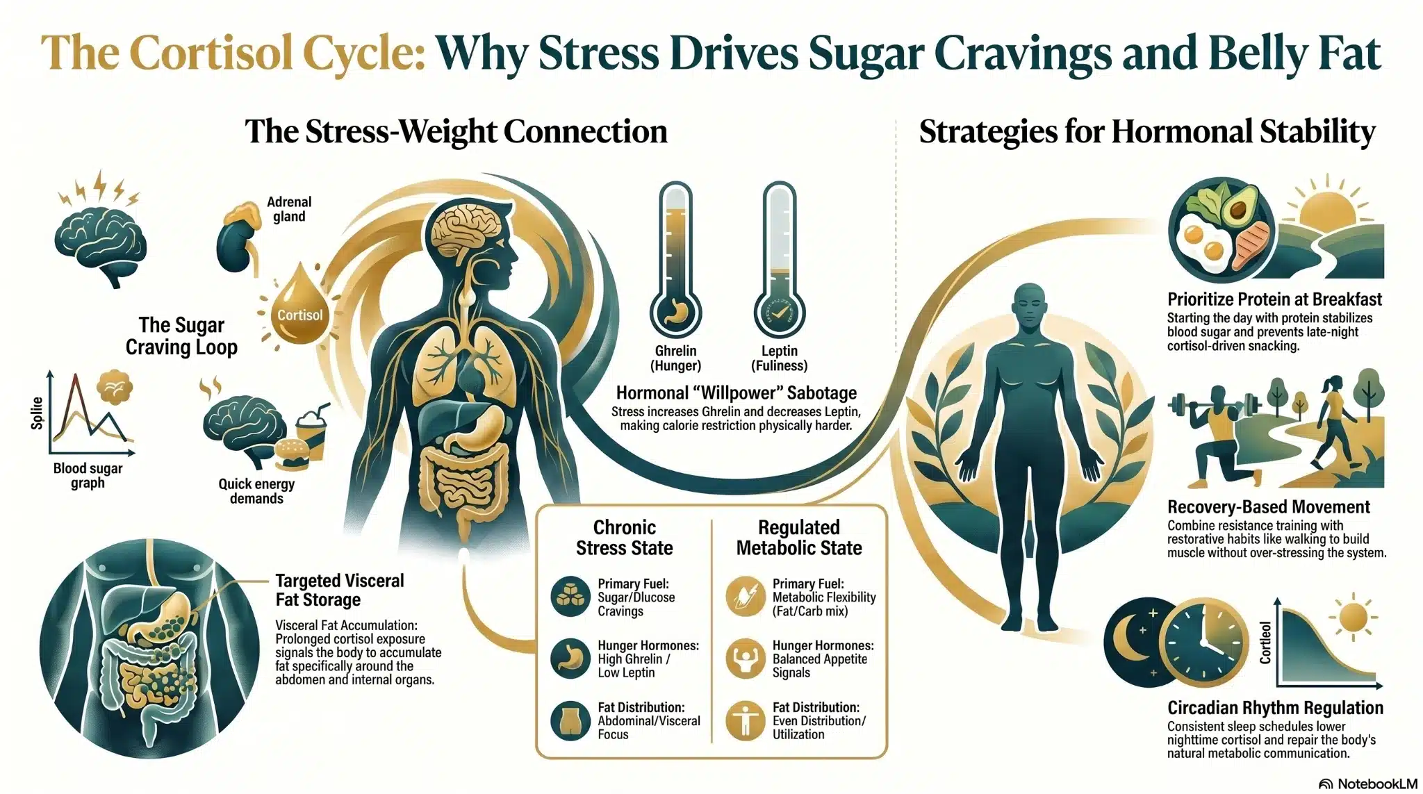 Educational infographic for the blog ‘The Hidden Link Between Cortisol, Sugar Cravings, and Stubborn Belly Fat’ illustrating how chronic stress and elevated cortisol contribute to sugar cravings, hunger hormone imbalance, visceral belly fat storage, and metabolic dysfunction, alongside strategies for hormonal stability including protein intake, recovery-based movement, and circadian rhythm support.