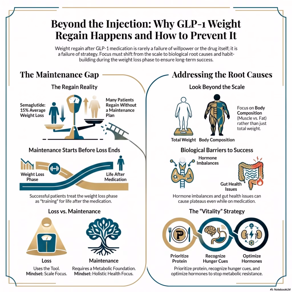Why Do I Keep Regaining Weight After GLP-1 Medications? Educational functional medicine infographic illustrating why weight regain occurs after GLP-1 medications and how to prevent it through body composition analysis, hormone optimization, gut health restoration, metabolic health improvement, protein prioritization, appetite awareness, and long-term lifestyle strategies for sustainable weight management.