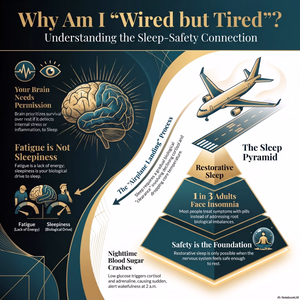 Why Am I Tired But Can't Sleep? Infographic explaining the wired but tired phenomenon, the sleep-safety connection, fatigue versus sleepiness, nighttime blood sugar crashes, nervous system regulation, and the biological foundations of restorative sleep.