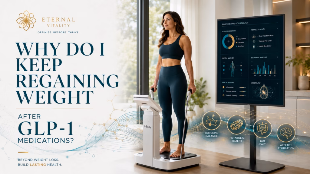 Why Do I Keep Regaining Weight After GLP-1 Medications? Healthy woman standing on an InBody body composition analyzer in a luxury functional medicine clinic, illustrating body composition testing, metabolic health assessment, hormone balance, gut health, appetite regulation, and sustainable long-term weight management after GLP-1 therapy.