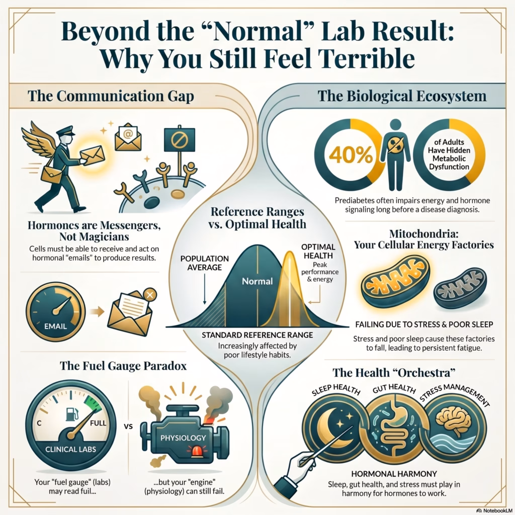 Why Do My Hormones Look Normal But I Still Feel Terrible? Functional medicine infographic explaining why normal hormone lab results may not reflect optimal health. Visualizes hormone signaling, metabolic dysfunction, mitochondrial health, stress, sleep, gut health, and the difference between standard reference ranges and optimal hormone performance.