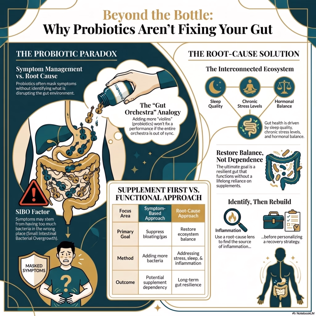 Why Probiotics Aren't Helping Your Gut Symptoms infographic showing why probiotics may not resolve bloating, gas, digestive issues, or SIBO when underlying causes such as chronic stress, poor sleep, hormonal imbalances, inflammation, and gut dysfunction are not addressed through a root-cause functional medicine approach.