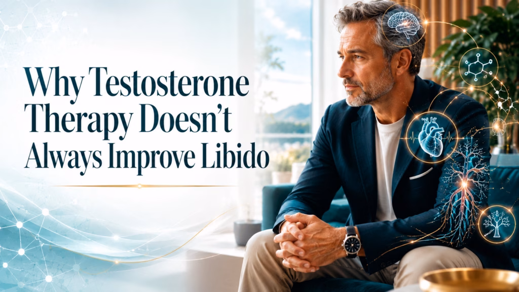 Why Testosterone Therapy Doesn't Always Improve Libido blog header featuring a thoughtful middle-aged man with subtle hormone and wellness graphics, illustrating why testosterone therapy does not always improve libido, representing the personalized functional medicine approach at Eternal Vitality in Orlando, Florida.