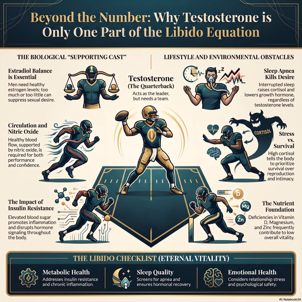 Why Testosterone Therapy Doesn't Always Improve Libido infographic illustrating how testosterone, estradiol balance, sleep, stress, circulation, insulin resistance, nutrition, and overall metabolic health work together to influence male libido and sexual wellness.