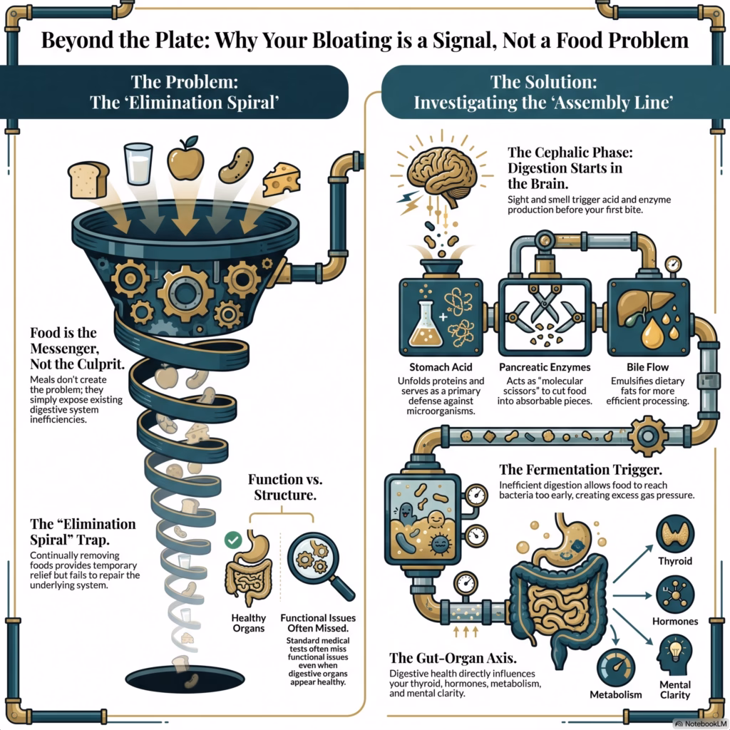 Infographic titled "Why Am I Bloated After Every Meal? It May Not Be the Food" explaining how bloating is often caused by digestive function rather than specific foods, illustrating stomach acid, pancreatic enzymes, bile flow, gut bacteria, hormone balance, metabolism, and the gut-organ axis.