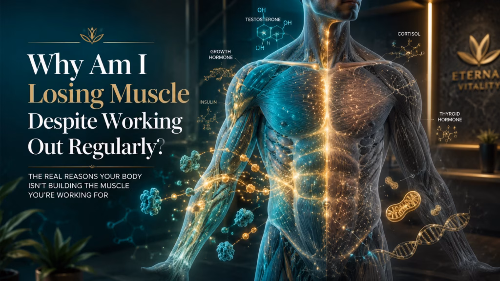 Why Am I Losing Muscle Despite Working Out Regularly? Infographic explaining the muscle-building formula, including resistance training, protein intake, hormonal balance, recovery, sleep, and common barriers to muscle growth.