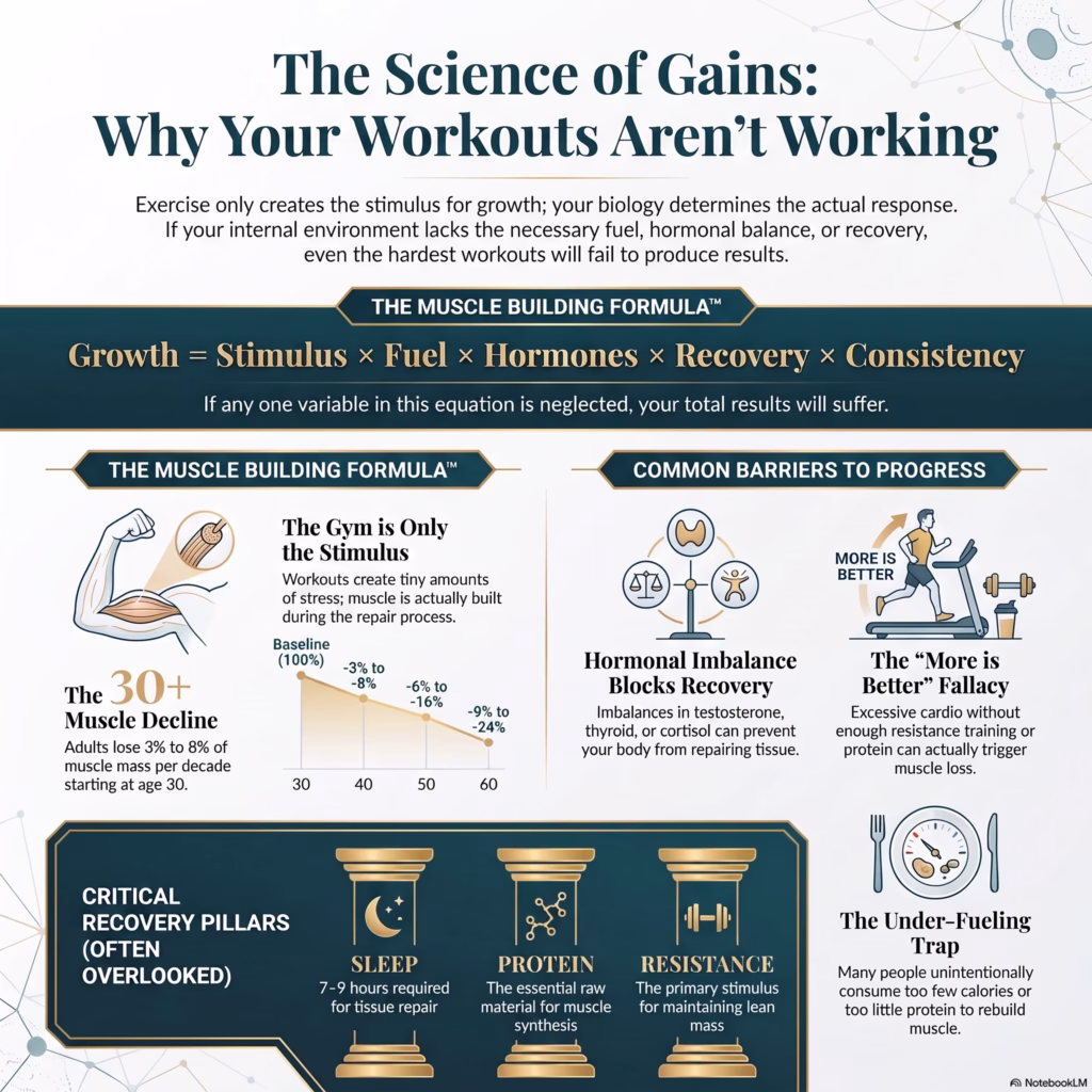 Why Am I Losing Muscle Despite Working Out Regularly? Infographic explaining the muscle-building formula, including resistance training, protein intake, hormonal balance, recovery, sleep, and common barriers to muscle growth.