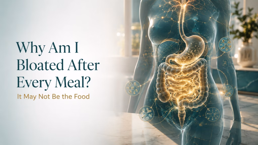 Luxury conceptual illustration of Why Am I Bloated After Every Meal? It May Not Be the Food the digestive system with subtle microbiome and gut-brain axis visualizations representing chronic bloating and digestive health at Eternal Vitality in Orlando, Florida.