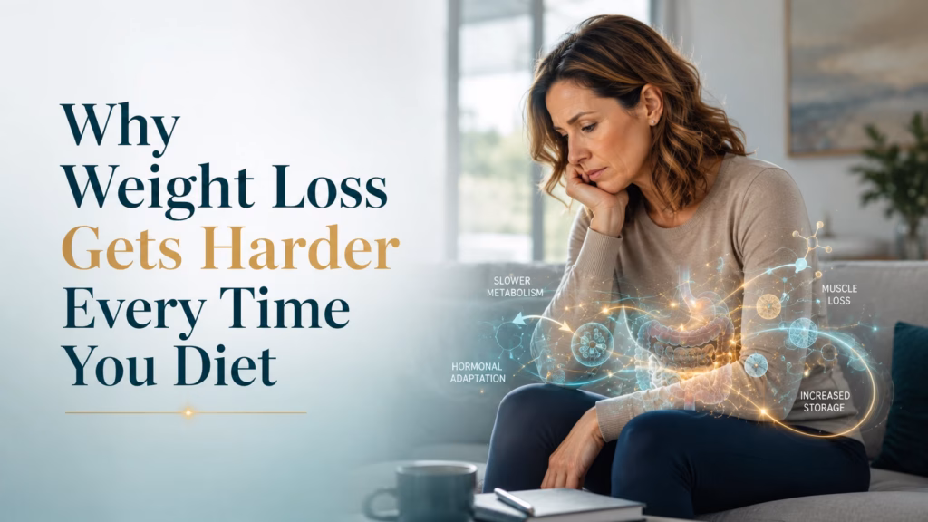 Why Weight Loss Gets Harder Every Time You Diet. Editorial illustration of a midlife woman reflecting on her weight loss journey with subtle metabolic, muscle, and gut health overlays representing metabolic adaptation, hormonal balance, and the science behind repeated dieting.
