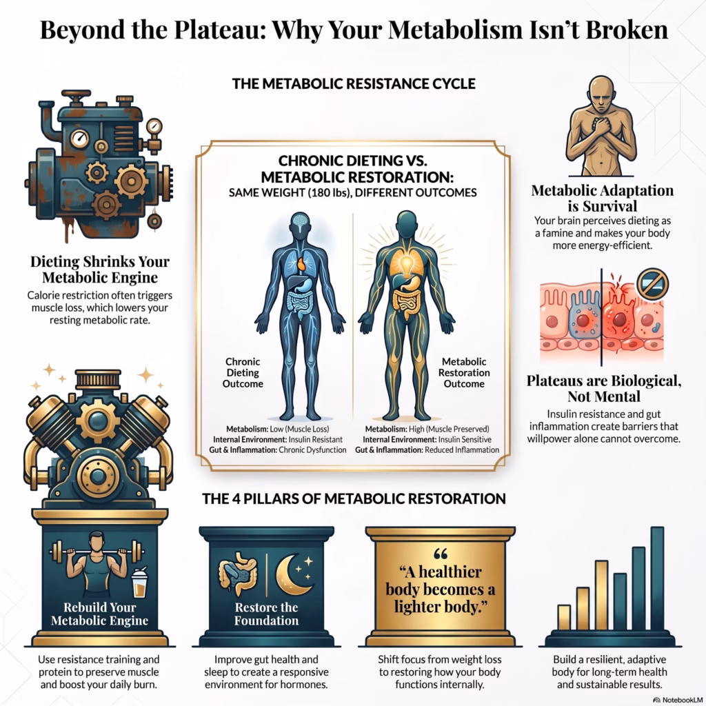 Why Weight Loss Gets Harder Every Time You Diet infographic illustrating the metabolic resistance cycle, showing how repeated dieting can slow metabolism through muscle loss, insulin resistance, inflammation, and hormonal adaptation, while highlighting strategies for metabolic restoration through muscle preservation, gut health, sleep, and sustainable lifestyle changes.