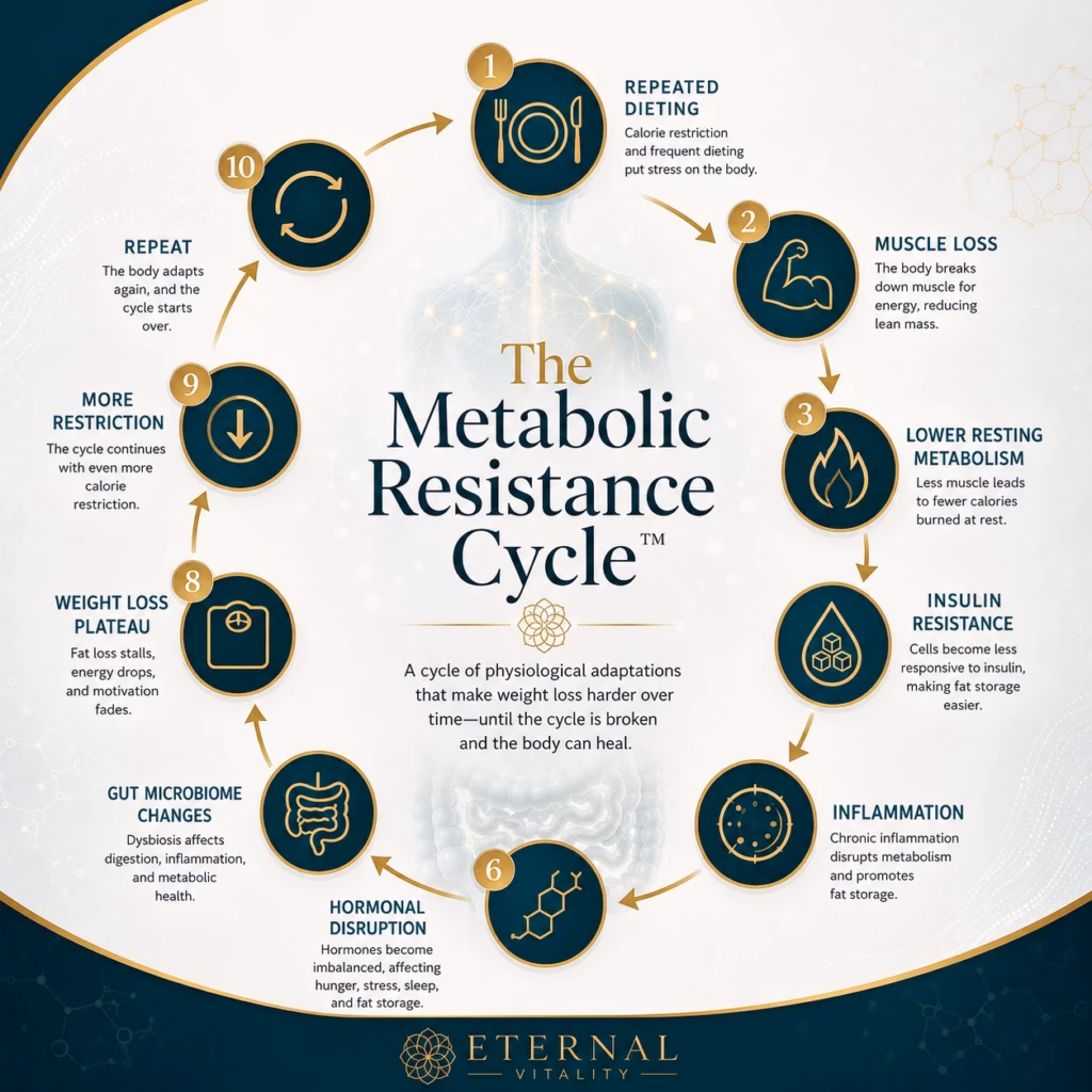 Why Weight Loss Gets Harder Every Time You Diet infographic showing the Metabolic Resistance Cycle, illustrating how repeated dieting can lead to muscle loss, lower resting metabolism, insulin resistance, inflammation, hormonal disruption, gut microbiome changes, weight loss plateaus, and a cycle of increasing calorie restriction.