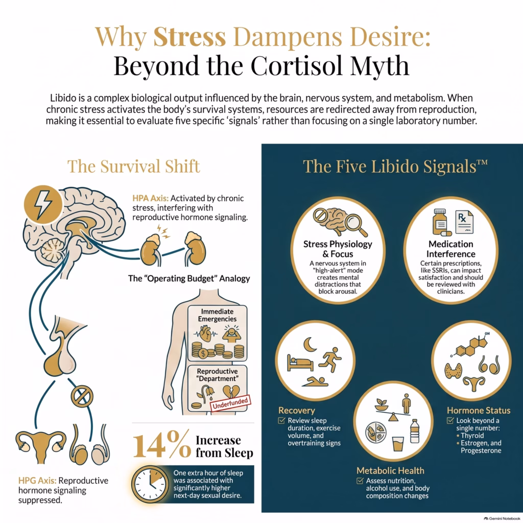 image  infographic for blog, Can Stress Destroy Your Sex Drive? with illustrating the connection between stress, hormones, and sexual wellness addressed at Eternal Vitality in Orlando, Florida.