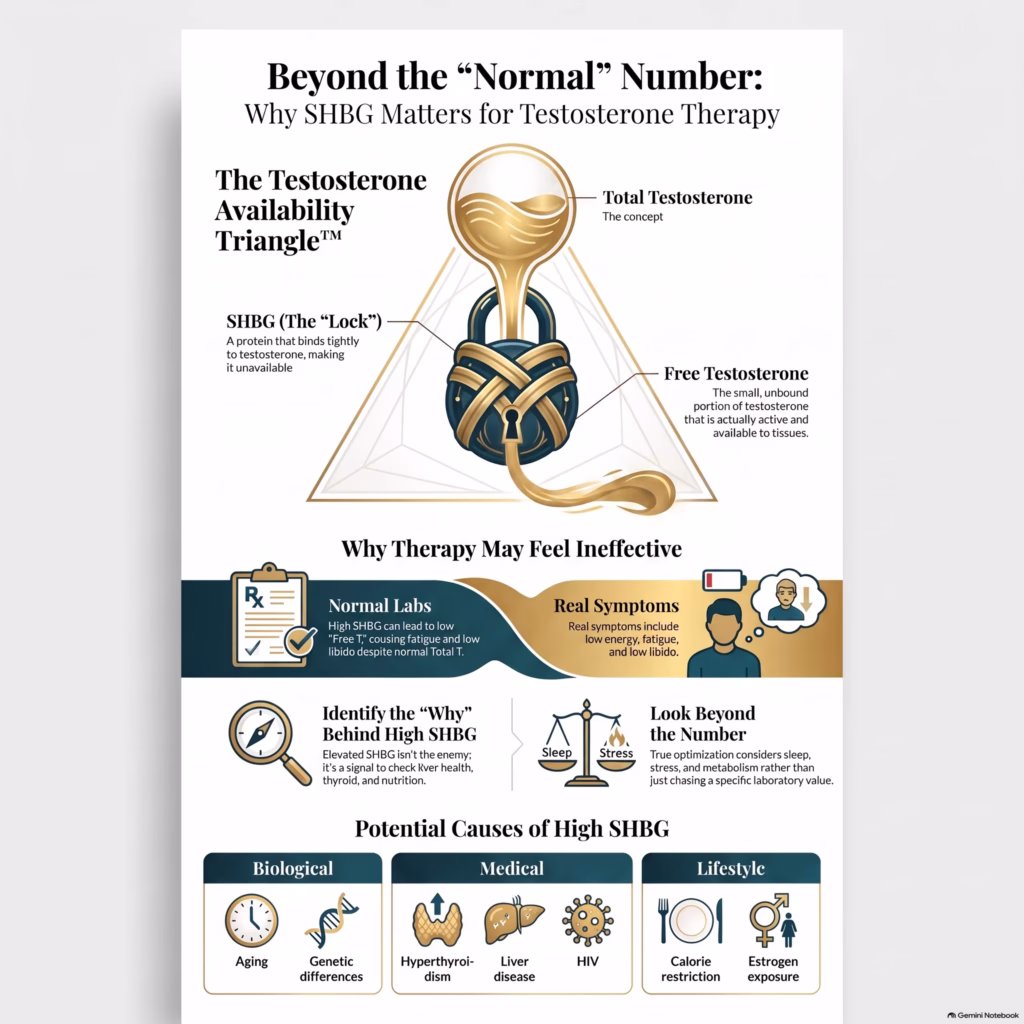 How High SHBG Can Make Testosterone Therapy Feel Ineffective in Orlando infographic explaining total testosterone, SHBG, free testosterone, symptoms, and potential causes of high SHBG.