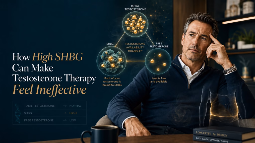 How High SHBG Can Make Testosterone Therapy Feel Ineffective in Orlando — illustration showing normal total testosterone, high SHBG, and low free testosterone in a midlife man.