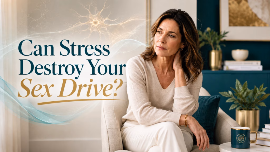 image for blog, Can Stress Destroy Your Sex Drive? with Midlife woman experiencing chronic stress and low libido, illustrating the connection between stress, hormones, and sexual wellness addressed at Eternal Vitality in Orlando, Florida.