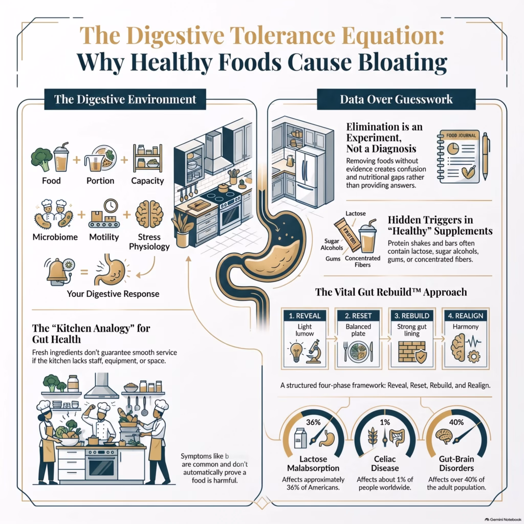 Digestive tolerance infographic explaining Why Healthy Foods Trigger Digestive Symptoms and can cause bloating, including the microbiome, gut motility, food sensitivities, stress, lactose malabsorption, and digestive capacity.