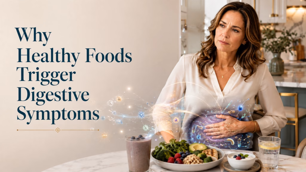 Why Healthy Foods Trigger Digestive Symptoms woman experiencing bloating and digestive discomfort after eating a healthy meal.