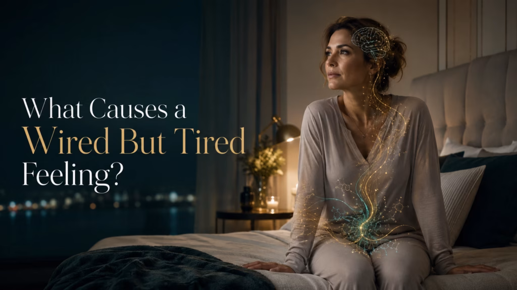 Midlife woman feeling wired but tired at night, illustrating how gut health, hormones, stress and the nervous system can affect sleep and recovery.