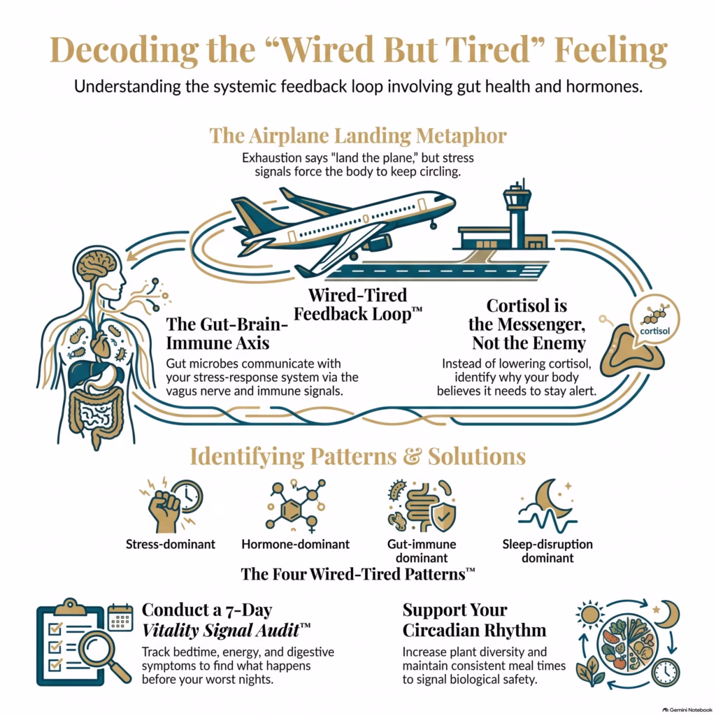 Wired but tired infographic explaining how gut health, hormones, cortisol, stress, and sleep disruption interact through the gut-brain-immune axis