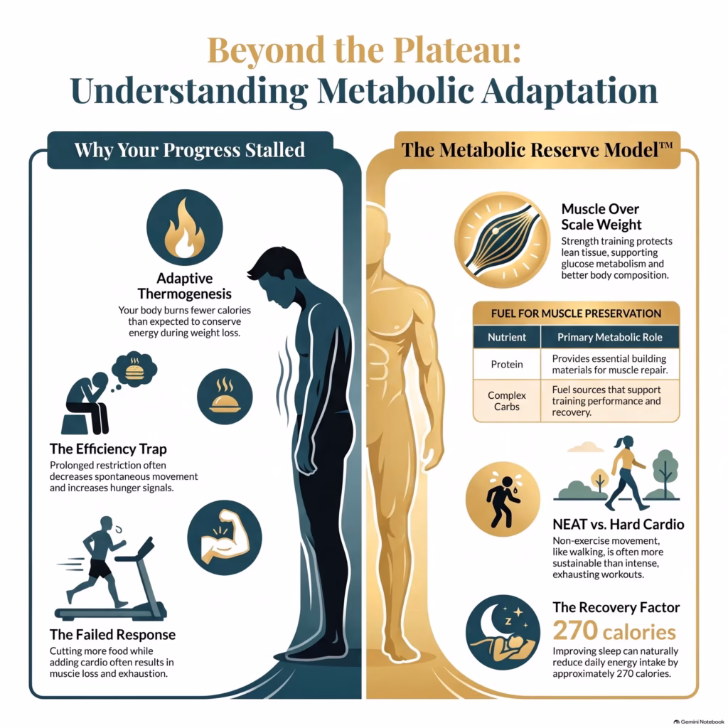 Metabolic adaptation infographic explaining why weight loss can stall and how metabolism responds, from Eternal Vitality, a weight loss and concierge functional medicine clinic in Orlando, Florida.