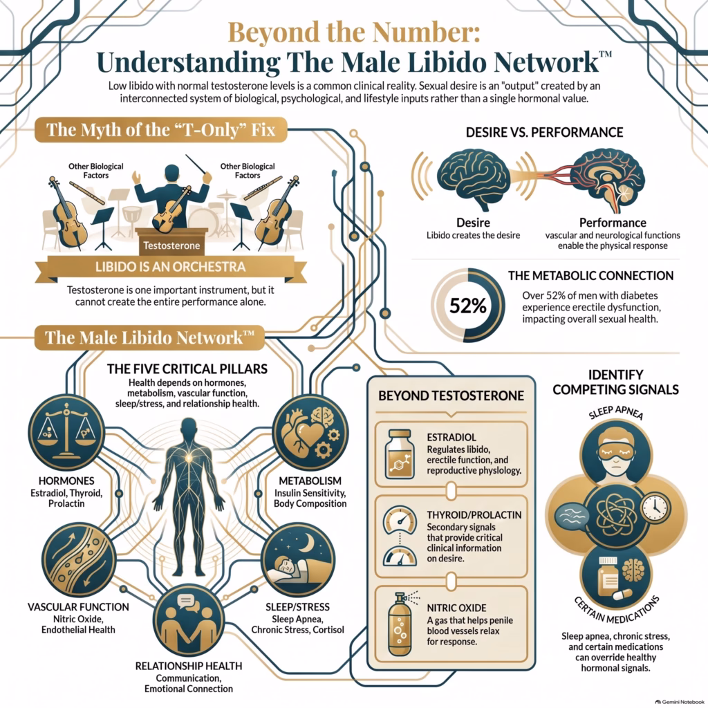 Why Do Men Have Low Libido with Normal Testosterone Levels infographic showing the male libido network, including hormones, metabolism, vascular function, sleep, stress, and relationship health.