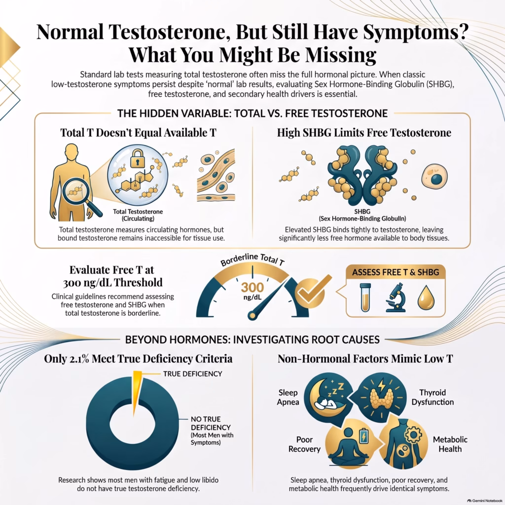 Infographic: Normal Testosterone but Still Have Symptoms? Explains how free testosterone, SHBG, and underlying health conditions can contribute to low testosterone symptoms despite normal lab results.